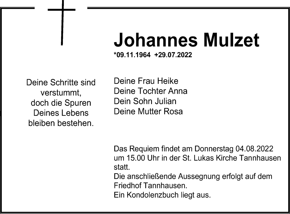  Traueranzeige für Johannes Mulzet vom 02.08.2022 aus Schwäbische Post