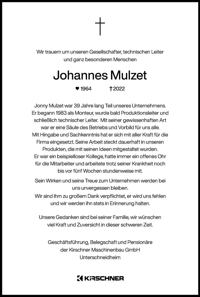  Traueranzeige für Johannes Mulzet vom 02.08.2022 aus Schwäbische Post