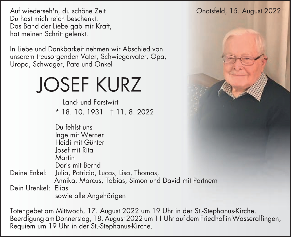  Traueranzeige für Josef Kurz vom 15.08.2022 aus Schwäbische Post