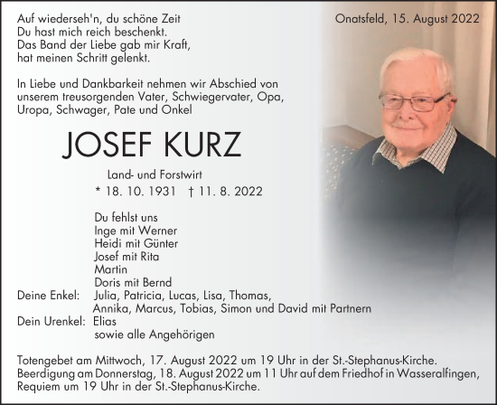 Traueranzeige von Josef Kurz von Schwäbische Post