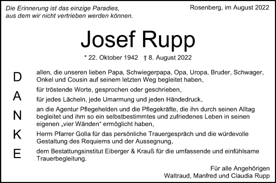 Traueranzeige von Josef Rupp von Schwäbische Post