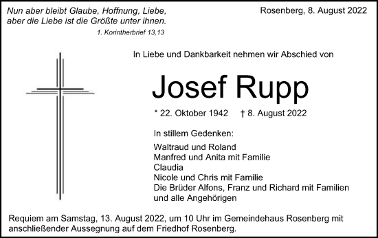 Traueranzeige von Josef Rupp von Schwäbische Post