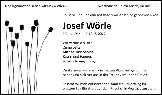 Traueranzeige von Josef Wörle von Schwäbische Post