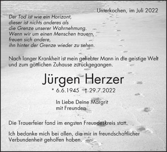 Traueranzeige von Jürgen Herzer von Schwäbische Post