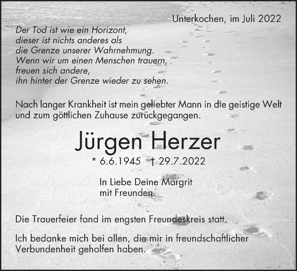  Traueranzeige für Jürgen Herzer vom 04.08.2022 aus Schwäbische Post