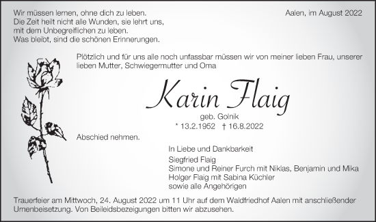 Traueranzeige von Karin Flaig von Schwäbische Post