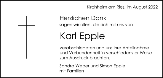 Traueranzeige von Karl Epple von Schwäbische Post