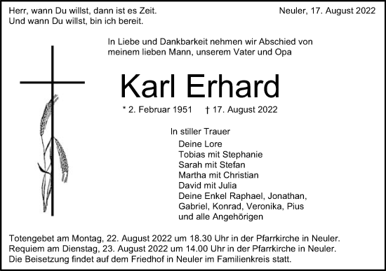 Traueranzeige von Karl Erhard von Schwäbische Post