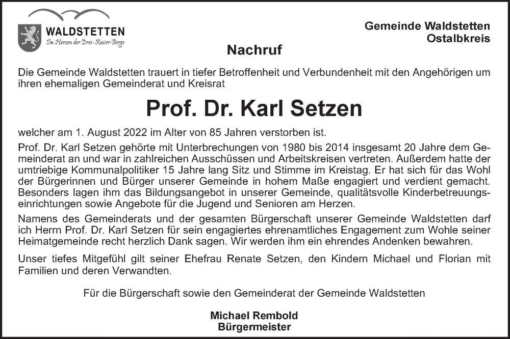  Traueranzeige für Karl Setzen vom 05.08.2022 aus Gmünder Tagespost