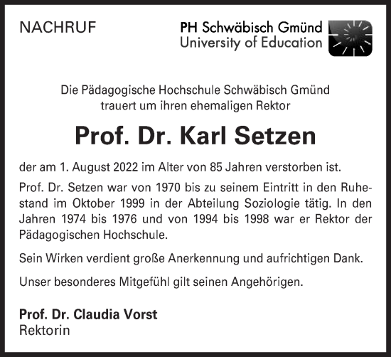 Traueranzeige von Karl Setzen von Gmünder Tagespost