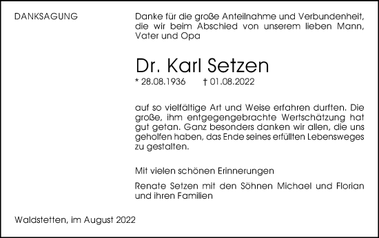 Traueranzeige von Karl Setzen von Gmünder Tagespost