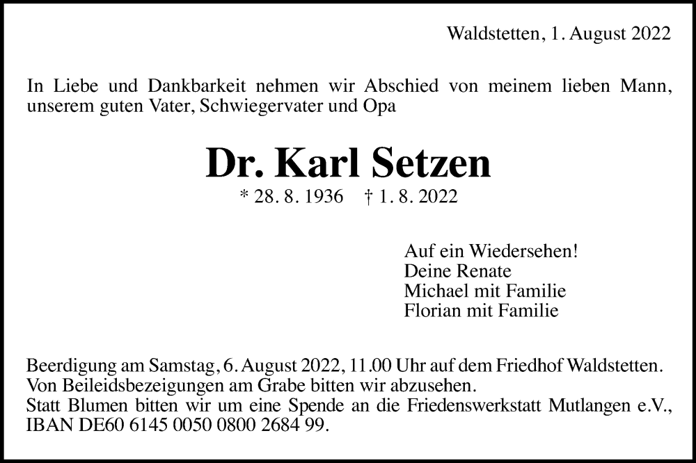  Traueranzeige für Karl Setzen vom 04.08.2022 aus Gmünder Tagespost