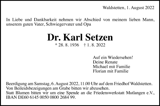 Traueranzeige von Karl Setzen von Gmünder Tagespost