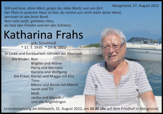 Traueranzeige von Katharina Frahs von Schwäbische Post