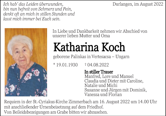 Traueranzeige von Katharina Koch von Gmünder Tagespost