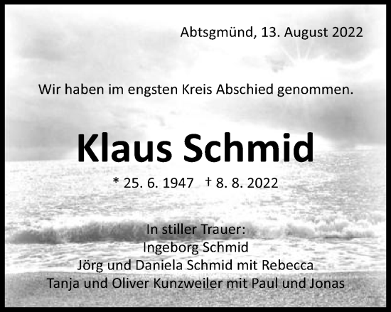 Traueranzeige von Klaus Schmid von Schwäbische Post