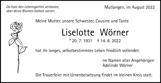 Traueranzeige von Lieselotte Wörner von Gmünder Tagespost