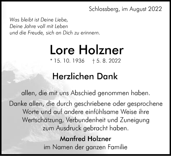 Traueranzeige von Lore Holzner von Schwäbische Post