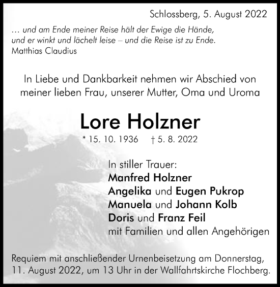 Traueranzeige von Lore Holzner von Schwäbische Post