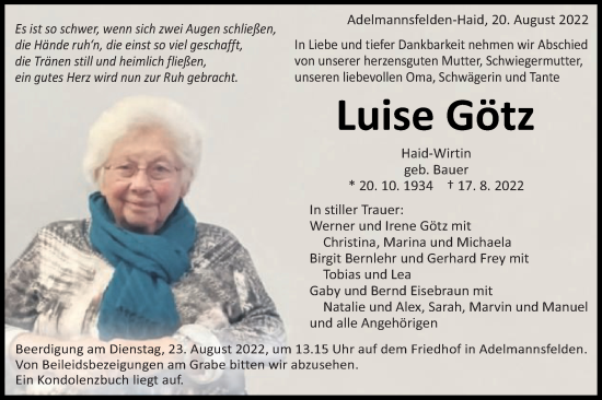 Traueranzeige von Luise Götz von Schwäbische Post