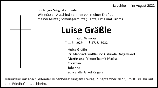 Traueranzeige von Luise Gräßle von Schwäbische Post