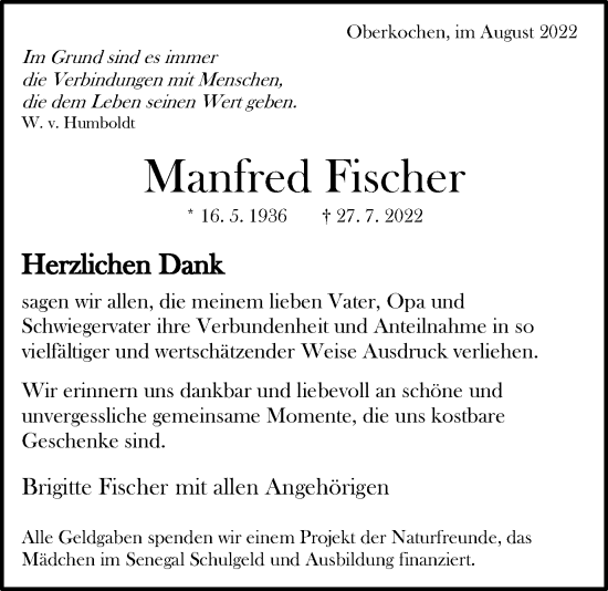 Traueranzeige von Manfred Fischer von Amtsblatt_Oko