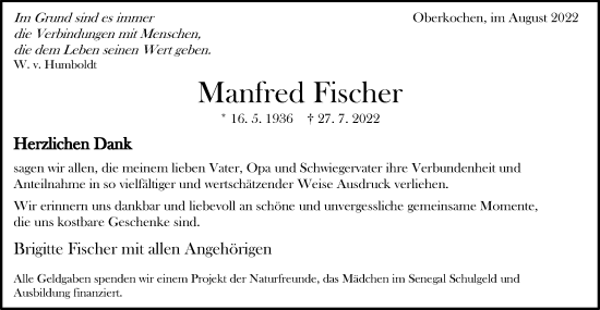 Traueranzeige von Manfred Fischer von Schwäbische Post