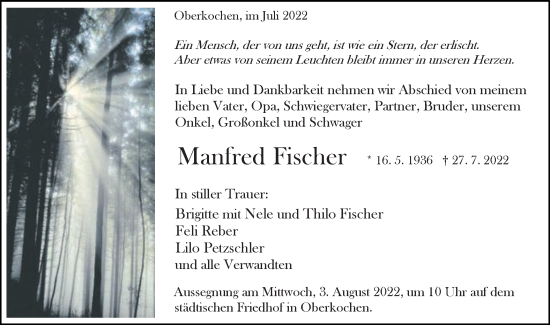 Traueranzeige von Manfred Fischer von Schwäbische Post