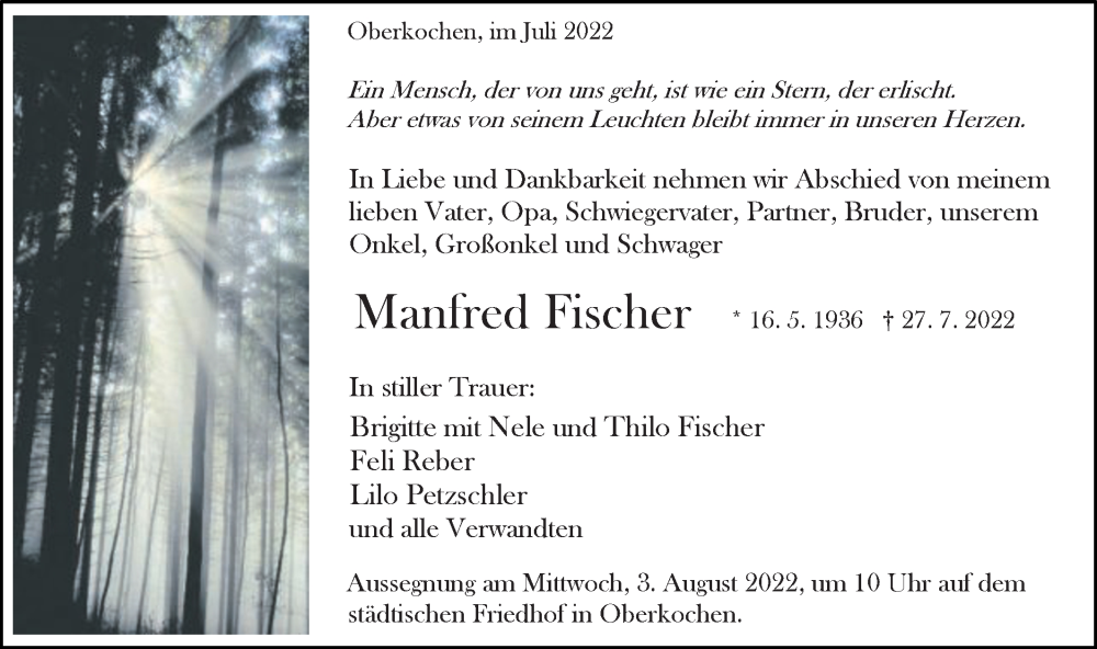  Traueranzeige für Manfred Fischer vom 30.07.2022 aus Schwäbische Post