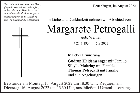 Traueranzeige von Margarete Petrogalli von Gmünder Tagespost