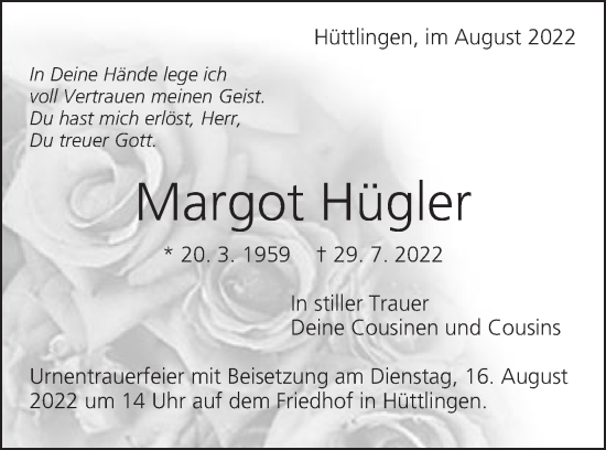 Traueranzeige von Margot Hügler von Schwäbische Post