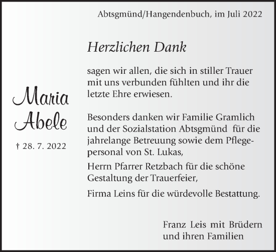 Traueranzeige von Maria Abele von Schwäbische Post