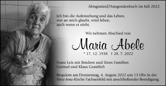 Traueranzeige von Maria Abele von Schwäbische Post