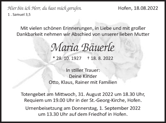 Traueranzeige von Maria Bäuerle von Schwäbische Post