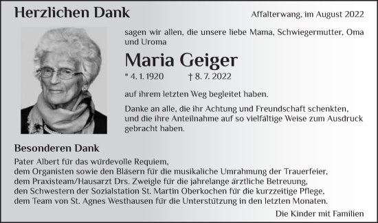 Traueranzeige von Maria Geiger von Schwäbische Post