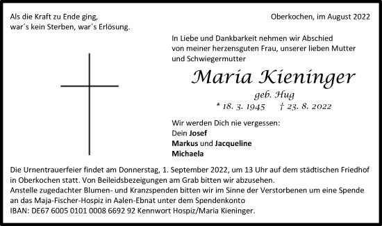 Traueranzeige von Maria Kieninger von Schwäbische Post