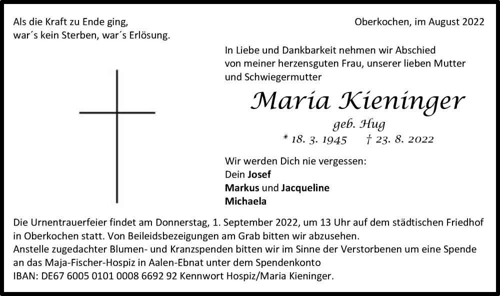  Traueranzeige für Maria Kieninger vom 27.08.2022 aus Schwäbische Post