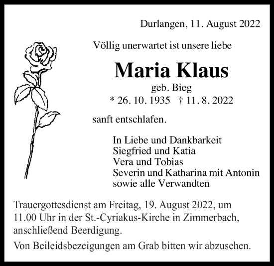 Traueranzeige von Maria Klaus von Gmünder Tagespost