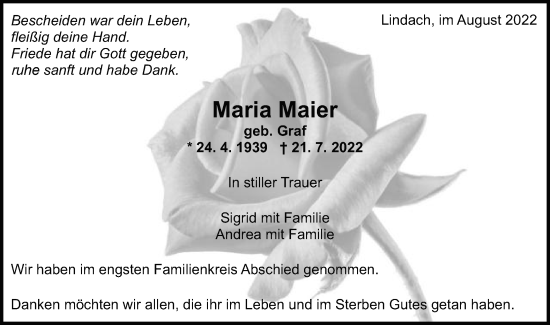Traueranzeige von Maria Maier von Gmünder Tagespost