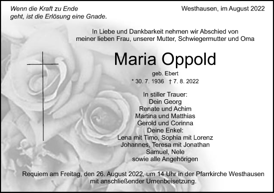 Traueranzeige von Maria Oppold von Schwäbische Post