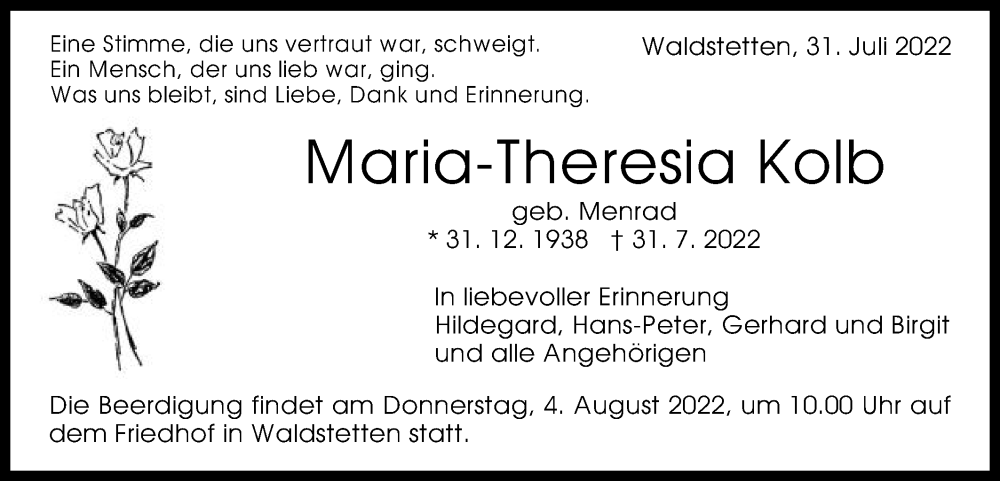  Traueranzeige für Maria-Theresia Kolb vom 02.08.2022 aus Gmünder Tagespost