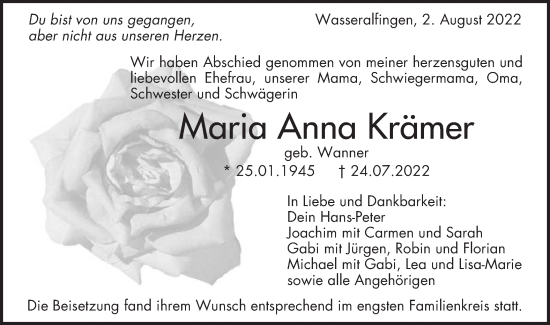 Traueranzeige von Maria Anna Krämer von Schwäbische Post