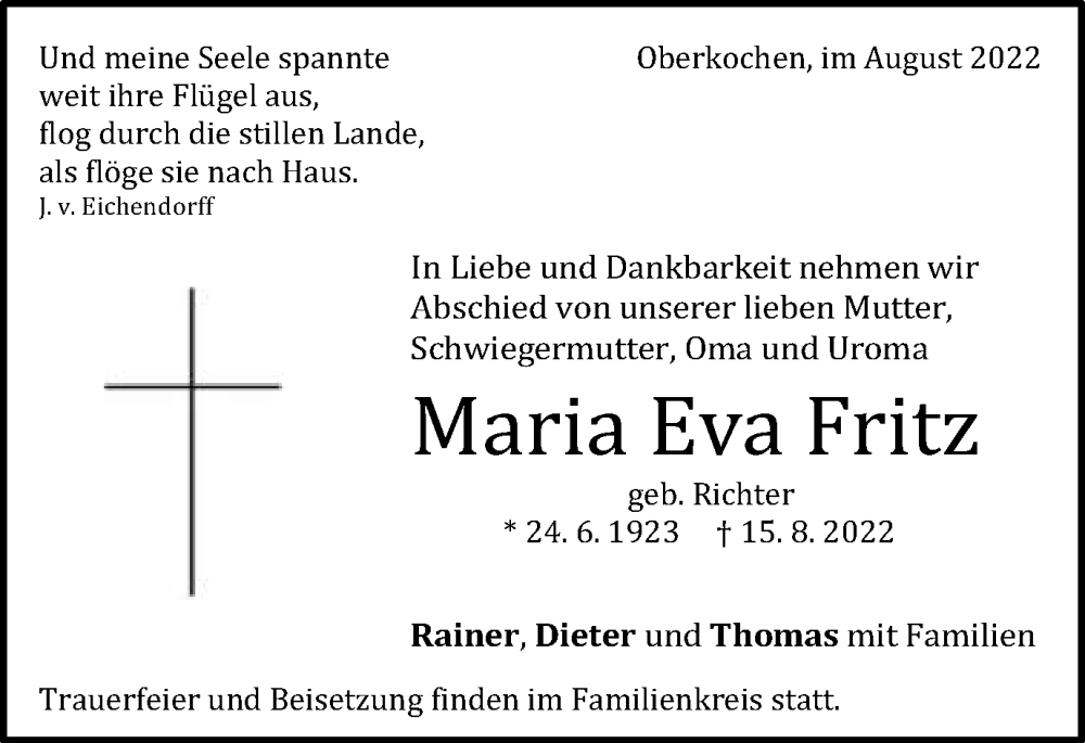  Traueranzeige für Maria Eva Fritz vom 26.08.2022 aus Amtsblatt_Oko