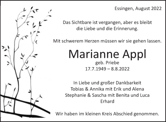 Traueranzeige von Marianne Appl von Schwäbische Post