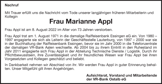 Traueranzeige von Marianne Appl von Schwäbische Post