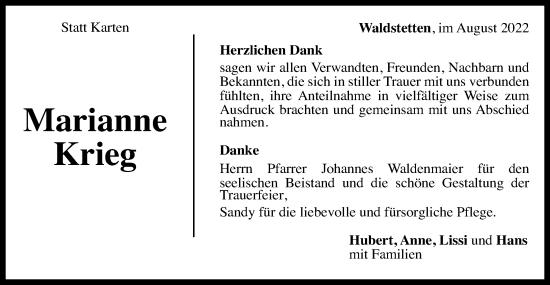 Traueranzeige von Marianne Krieg von Gmünder Tagespost