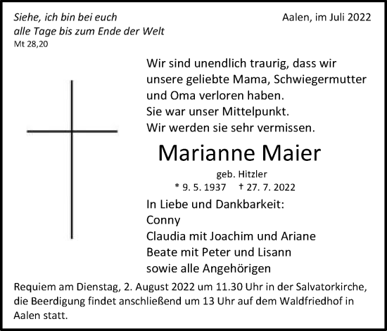 Traueranzeige von Marianne Maier von Schwäbische Post