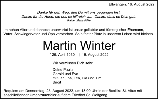 Traueranzeige von Martin Winter von Schwäbische Post
