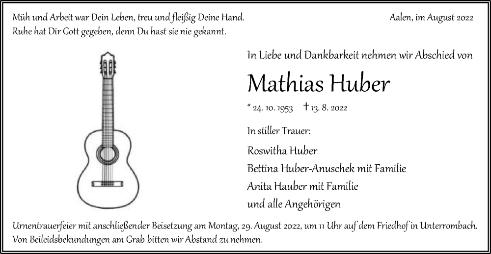  Traueranzeige für Mathias Huber vom 24.08.2022 aus Schwäbische Post