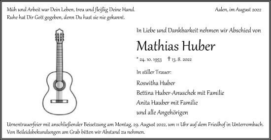 Traueranzeige von Mathias Huber von Schwäbische Post